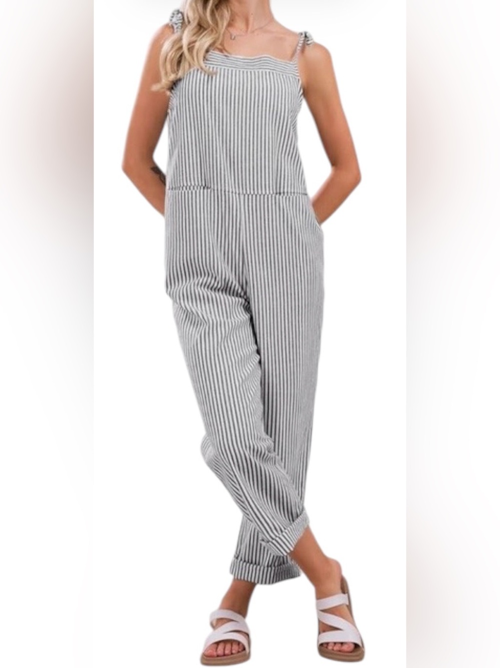 Women’s Oversized Summer Linen Blend Jumpsuit Wide leg Black/White Sz.Large
